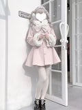 SHOPMOCHO Winter Design Fashion Elegant Pink Slim Woolen Cloth Coat Women Kawaii Sweet Warm Fur Collar Bow Lace Patchwork Casual Overcoat