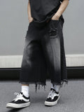 SHOPMOCHO Men's Loose Ripped Denim Jeans 7 Point Calf Length Wide Leg Trousers Distressed Holes Frayed Hem Streetwear Casual Pants