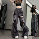 SHOPMOCHO High Street Vintage Black Ripped Jeans Fashion Wide Leg Pants Women'S High Waisted Straight Leg Pants Baggy Pants Y2k Jeans