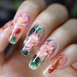 Shopmocho 24pcs/set Medium long fake nails Swan fish flowers for summer season gradient almond square ballet tips press on false nails