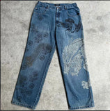 SHOPMOCHO Japanese Dragon Knitted Jeans Men Women Baggy Fit High Street Urban Casual Trendy Fashion Hip Hop Streetwear Daily Wear Style