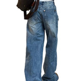 SHOPMOCHO Retro American Rivet Low Waist Straight Leg Denim Jeans Spicy Girl High Street Unique Design Couple Vintage Style Long Trousers