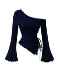 SHOPMOCHO women's New off shoulder cross long sleeved slim fit casual street style asymmetrical elegant T-shirt trumpet sleeve top