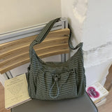 Shopmocho Korean Nylon Shoulder Bag Fashion Simple Plaid Zipper Tote Bag Drawstring Pleated Cloud Bag New Commuter Crossbody Shoulder Bag