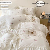 SHOPMOCHO 3pcs Rose Embroidered Duvet Cover Set (1*Duvet Cover + 2*Pillowcase, Without Core), Princess Style Lace Bedding Set