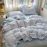 SHOPMOCHO Ruffles Bedding Set Floral Style Duvet Cover Pillowcase with Bedsheet Skin-friendly Bed Linen Set Girls Room Bedclothes