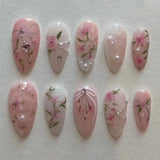 Shopmocho 24pcs Sweet False Nail Patches Detachable Fake Nail Tips With Bowknots Love Heart Pearl Design Pink Almond Korean Press On Nail
