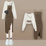 Shopmocho Women Autumn New Vintage Short Knit Blouse+Split Sling Skirt 2-Piece Suit 2025 Korean Elegant Long Sleeve Top Dress Matching Set