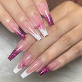 Shopmocho 24Pcs Brown Long Coffin False Nails Glitter Ballet Wearable with French Design Fake nails Full Press on Nail Ins Nail Tips Art