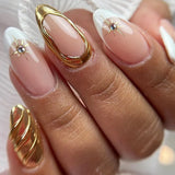 SHOPMOCHO 24pcs Golden Lines Patterns False Nails Dark Purple Blush French Fake Nails for Spice Girls Sweet Cool Almond Ins Nails Press On