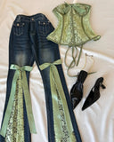 SHOPMOCHO Y2 Retro Sweet Bowknot Satin Ribbon Lace Patchwork Jeans Mid Waist Slimming Wrap Hip Bootcut Jeans Micro Elastic Denim Pants