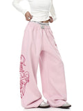 SHOPMOCHOY2K Women's Pink Wide Leg Sweatpants 2025 New Fashion Letter Print Drawstring Waist Casual Streetwear Trousers