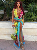Shopmocho Weird Puss Colorful Leopard Women 2 Piece Set Y2K Beach Vacation Halter Tank Tops+Wrapped Maxi Skirts Matching Vacation Clubwear