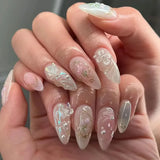 SHOPMOCHO 24Pcs Pink Almond False Nails Butterfly Ballet with French Design Wearable Fake Nails Simple Artificial Press on Nails Tips Art
