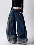SHOPMOCHO 2025 American Retro Y2K Style Patchwork Washed Black Baggy Women's Stacked Jeans Pants Woman Clothing Wide Leg Denim Trousers