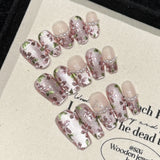 SHOPMOCHO 10pcs Handmade Press On Nails Hand-painted Flower Glossy Purple Cat's Eye False Nails Pearl Decor French Style Spring Fake Nail