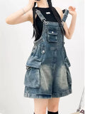 SHOPMOCHO American Vintage Denim Overalls Women Fashion Wide Leg Jumpsuit Slim Fit Loose Design Youthful Style Short Romper