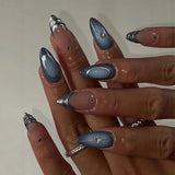 SHOPMOCHO 24pcs French Almond Press on Nails Blue False Nails Star Pattern Wearable Stick-on Nails Fake Nail Uñas Накладные Ногти 네일팁
