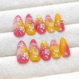 SHOPMOCHO 24pcs White Flower Fake Nail Tips Ins Yellow Pink Blush False Nails Wearable Full Cover European Almond Shaped Press on Nails