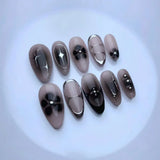 SHOPMOCHO 24Pcs Black Y2k Long False Nails with Almond Head Design Cat's Eye Silver Stripe Pattern Press on Fake Nails Wearable Nail Tips