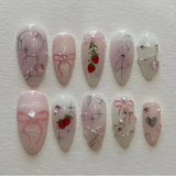 SHOPMOCHO 24Pcs Pink Almond False Nails Butterfly Ballet with French Design Wearable Fake Nails Simple Artificial Press on Nails Tips Art