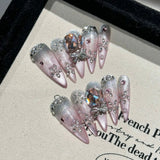 Shopmocho Handmade Press on Nails Shiny Pink Cat Eye Fake Nails for Women Girl Wearable Glitter Full Crystal Design False Nail Tips