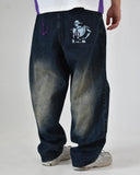 SHOPMOCHO Japanese Anime JOJU FMA High Waist Baggy Men Jeans Alphonse Elric Embroidery Anchor Patch Distressed Wash Wide Leg Denim Pants