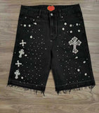 SHOPMOCHO Y2K Distressed Diamond Tassel Blue Short Jeans Ripped Loose Wide Leg Denim Shorts 2025 Korean Women Fashion Casual Shorts