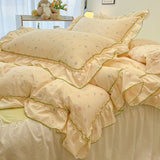 SHOPMOCHO 2/3Pc Korean Princess Style Floral Ruffles Bedding Set Single Queen Size Soft Skin-friendly Washed Cotton Duvet Cover Pillowcase