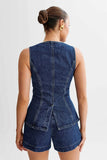 SHOPMOCHO- Summer Women's Denim Shorts Suit Sleeveless O-neck Single Breasted Split Top Vest High Waist Wide Leg Shorts 2025 Lady Sets