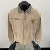 Shopmocho Retro ort Padded oulder Workwear Jaet Men's Sli Cleanfit Zipper Denim Collar Trendy Spring Autumn Casual Outerwear