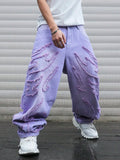 SHOPMOCHO High - street style purple distressed frayed jeans for men, loose, trendy street hip - hop wide - leg pants