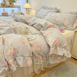 SHOPMOCHO 2/3Pc Korean Princess Style Floral Ruffles Bedding Set Single Queen Size Soft Skin-friendly Washed Cotton Duvet Cover Pillowcase