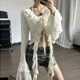 SHOPMOCHO Deeptown Vintage Fairycore Women Blouses Elegant Flare Sleeve Ruffle Tops Sexy Lace Up Shirts Hollow Out Aesthetic Crop Cardigan