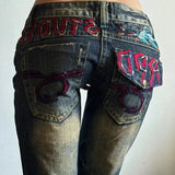 Shopmocho Y2k Vintage Embroidered Low Waist Jeans Blue Jeans Embroidered Diamonds Pocket Hip Hop Streetwear Harajuku Gothic Wide Pants