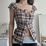 Shopmocho Rockmoer Tartan Plaid Sweet Slim Blouse for Women 2000s Summer Retro Preppy Cute Shirt Y2K Fairycore Button-up Square Collar Top