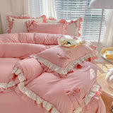 SHOPMOCHO Spring Green Princess Bedding Set Double Layer Lace Bow Quilt Cover Sheet And Pillowcase Simple Pastoral Girl Home Textiles