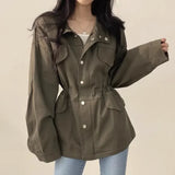 Shopmocho Retro Korean Chic Autumn Utility Jacket Waist Cinching Drawstring Slimming Women's Coat Fake Pocket Design Elegant Style