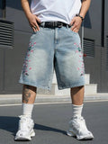 SHOPMOCHO Men's Light Blue Cherry Blossom Embroidered Denim Shorts, Loose Wide-Leg Streetwear Trendy Denim Capris