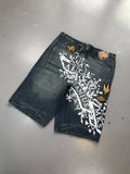 SHOPMOCHO American Washed Ecko Denim Shorts Mens Hip-hop Rock Street Fashion Pattern Straight Pants Harajuku Trend Wide Pants