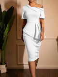 Shopmocho Women Off Shoulder Dress Elegant Asymmetric Neckline Bodycon Dress Fashionable Party Cocktail MIDI Dresses