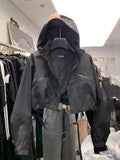 SHOPMOCHO Fashion Short Hooded Jacket 2025 New Spring Black Loose Motorcycle Coats Female Street  Windbreak Short Basic Coat
