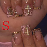 SHOPMOCHO 10PCS Diamond French Pointed Nail Short Square Nail Nude Fake Nail With Gold Glitter Diamond Nail Leopard Print Fake Nail