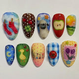 Shopmocho 24pcs Cute Cartoon Fake Nail Tips Oil Painting Series Printed Almond Press On Nail Sweet Cool Charming False Nail For Spicy Girl