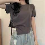 SHOPMOCHO Slit Bandage V Neck Sexy Crop Top Women Korean Casual Summer New Short Sleeve T-shirt Y2K Streetwear Trendy Top for Women