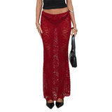 Shopmocho Women's Summer Sheer Lace Floral Long Skirt Fashion See-Through Low Rise Wrap Bodycon Skirts for Nightclub Bar Streetwear