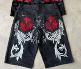 SHOPMOCHO Baggy Y2K New Trend Harajuku Hip-Hop Rock Joker Street Mens Sports Pants Gothic Retro Embroidery Loose American Denim Shorts