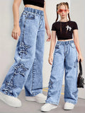 SHOPMOCHO Girl's Denim Pants, Y2K Five-Star Patch Embroidery Pattern Straight-Leg Denim Pants, Holiday-Style Pants