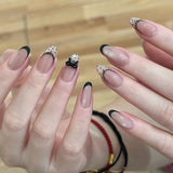 SHOPMOCHO 24Pcs Mid-length Almond Ballet False Nails Simple Cat Eye Design Press on Fake Nail Wearable Full Cover Nail Tips Manicure Tools