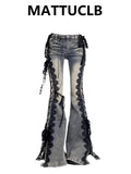 Shopmocho Women Dark Academia Goblin Core Harajuku Y2K Low Rise Lace Jeans Abi Denim Flare Pants Bell-Bottom Y2k Japanese Goth Gyaru Kpop